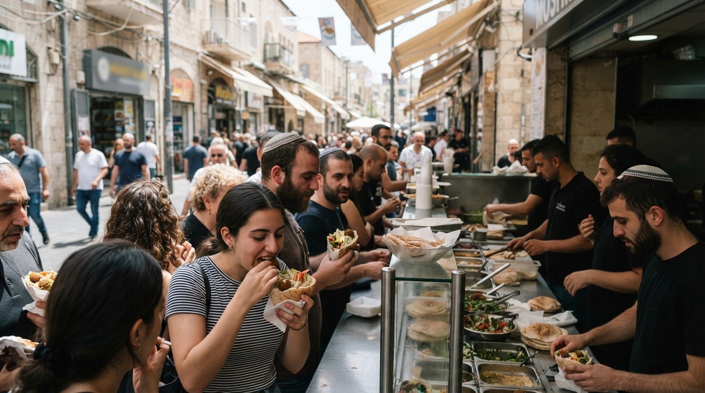 Moshiko Falafel on Ben Yehuda Street in Jerusalem, a busy street-food counter with pita stuffed with falafel and salads, customers standing shoulder to shoulder in bright midday light