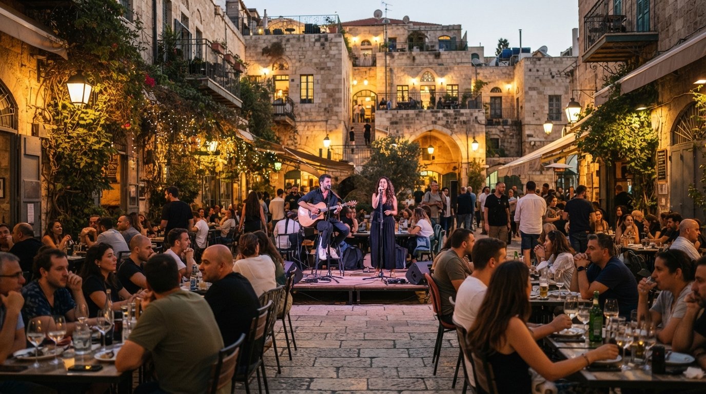 Kikar HaMusica in Nachalat Shiva at evening, musicians performing in the stone square while restaurant terraces glow with warm light and diners sit under vines