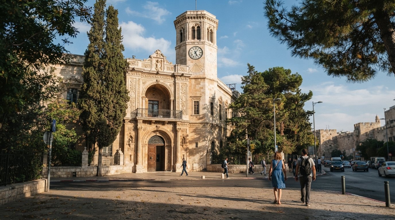 the Rockefeller Archaeological Museum’s 1930s stone facade on Sultan Suleiman Street, framed by trees and afternoon shadows