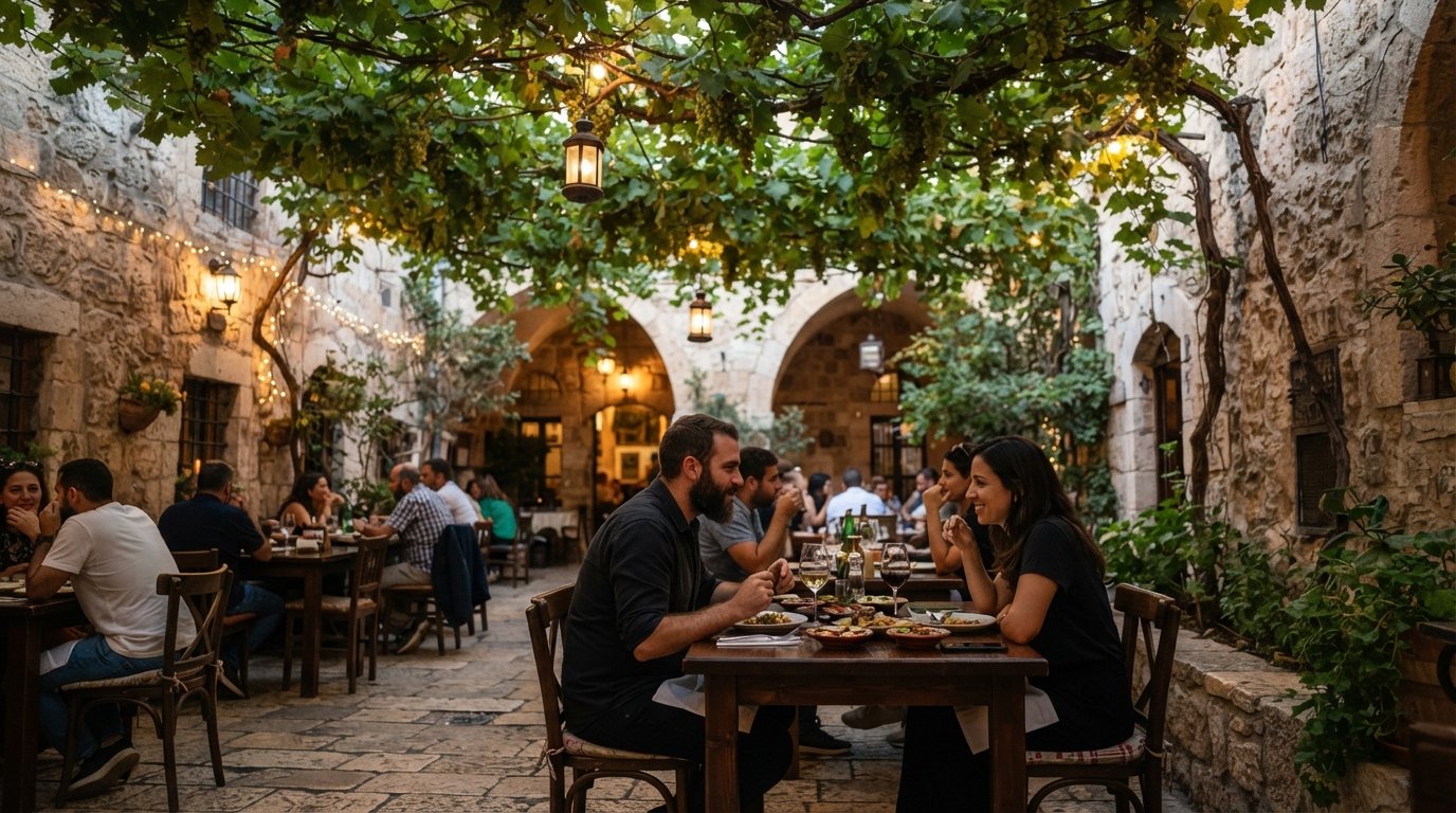 the vine-shaded courtyard at Kan Zaman inside the Jerusalem Hotel, Ottoman stone walls and tables under a grape arbour at dusk