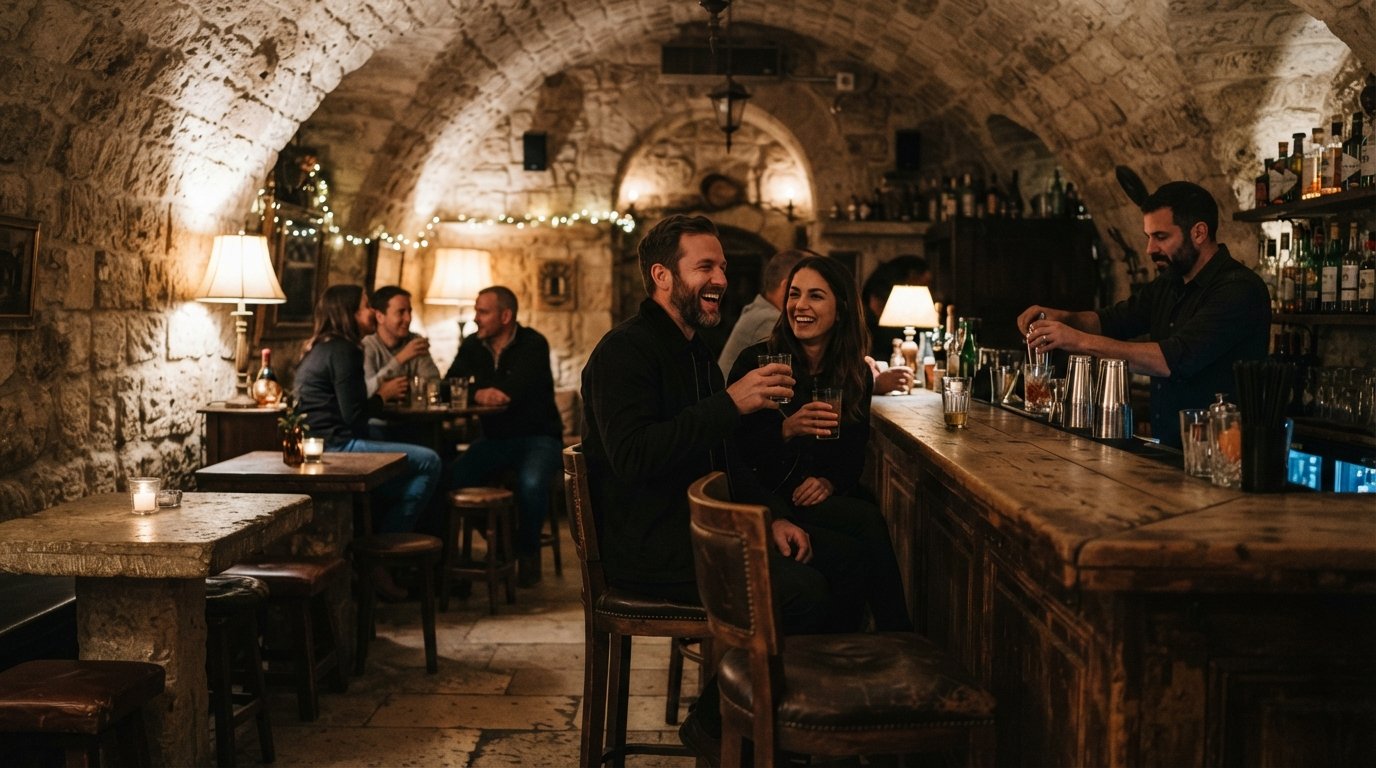 the Cellar Bar at the American Colony Hotel, a vaulted stone room with warm lamplight and old-world bar stools in evening darkness