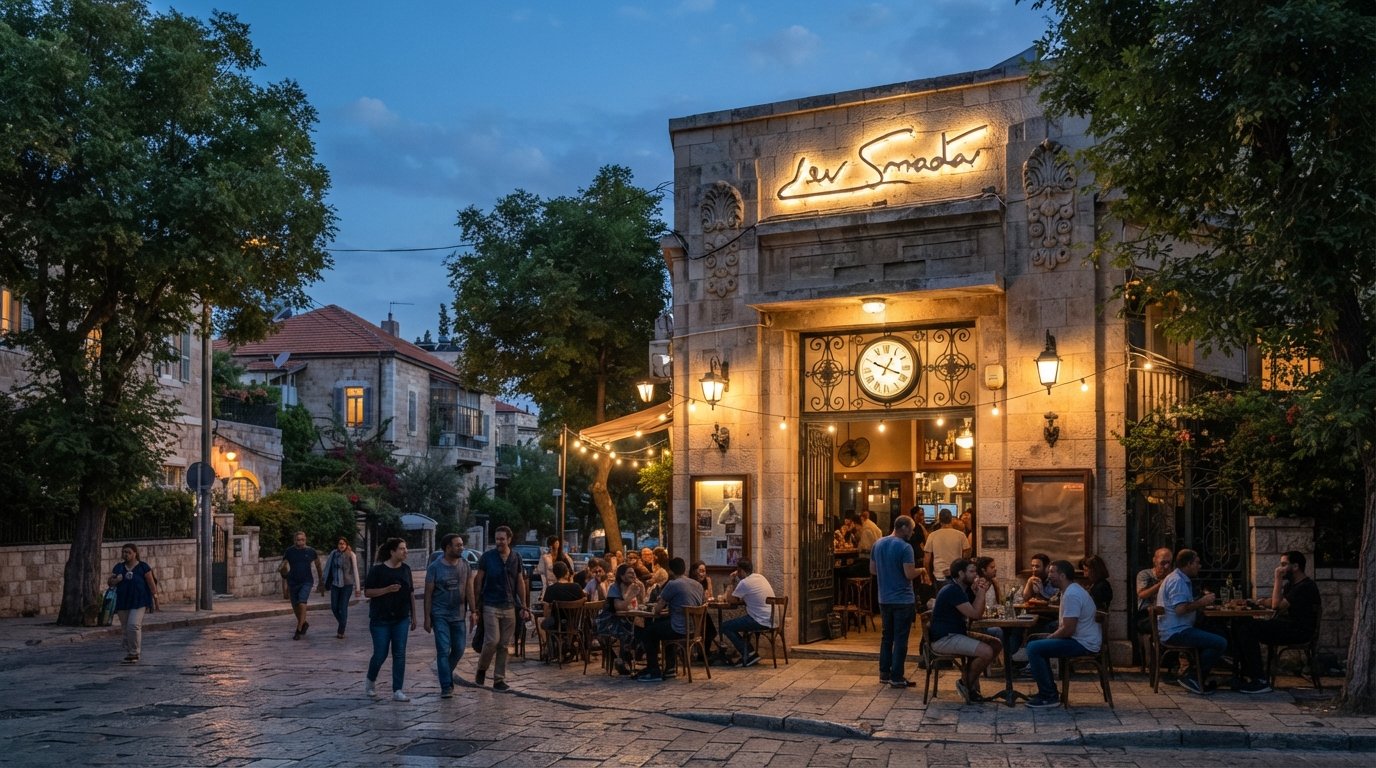 Lev Smadar Cinema on Lloyd George Street at dusk, its modest façade lit softly above the café-bar entrance, with Emek Refaim’s trees and stone houses nearby