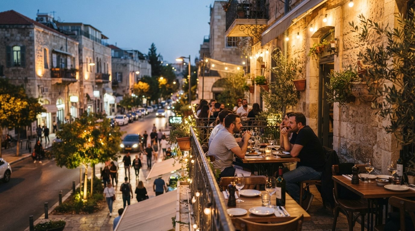 Pompidou Bistro & Bar balconies above Emek Refaim at early evening, with tables overlooking the tree-lined street and warm light on the stone buildings