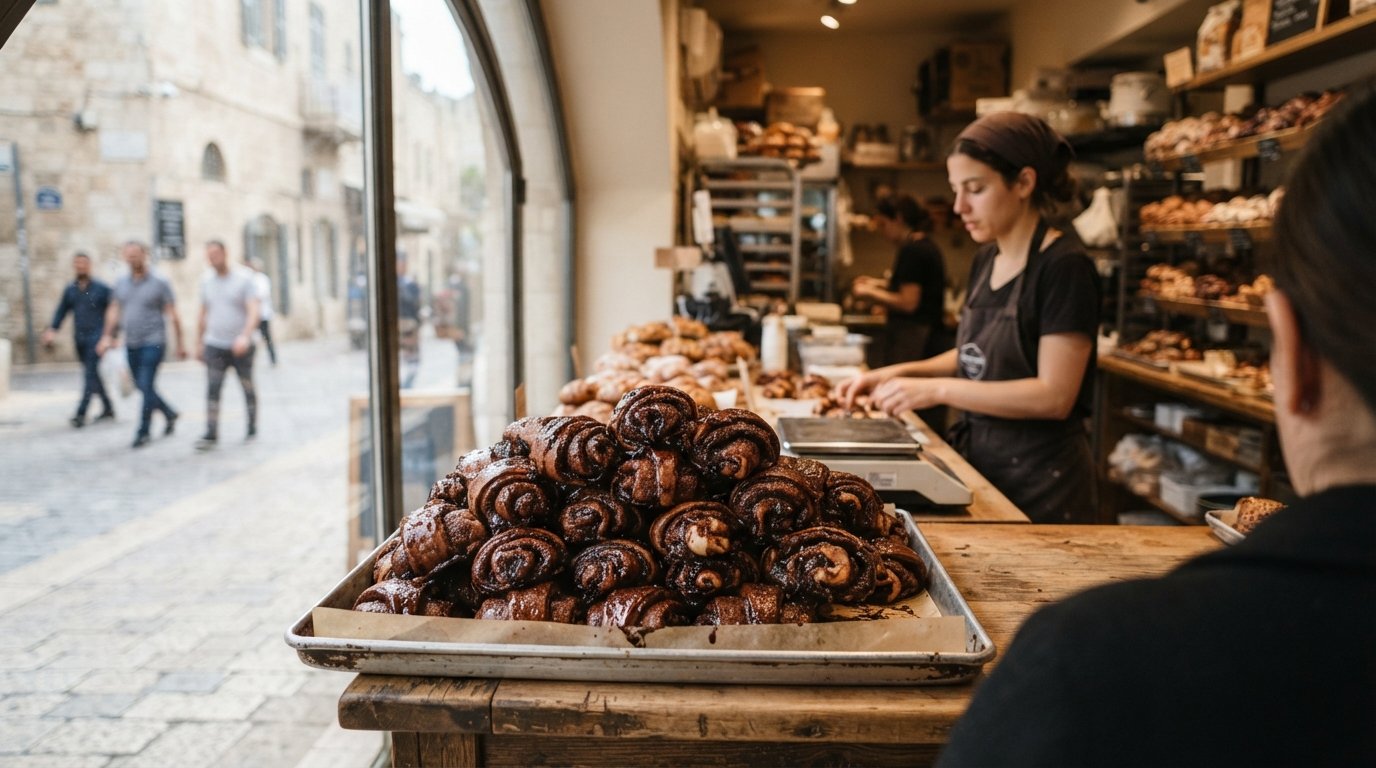 a tray of underbaked chocolate rugelach at Marzipan on Rachel Imenu Street, glossy spirals stacked in a bakery display by the window