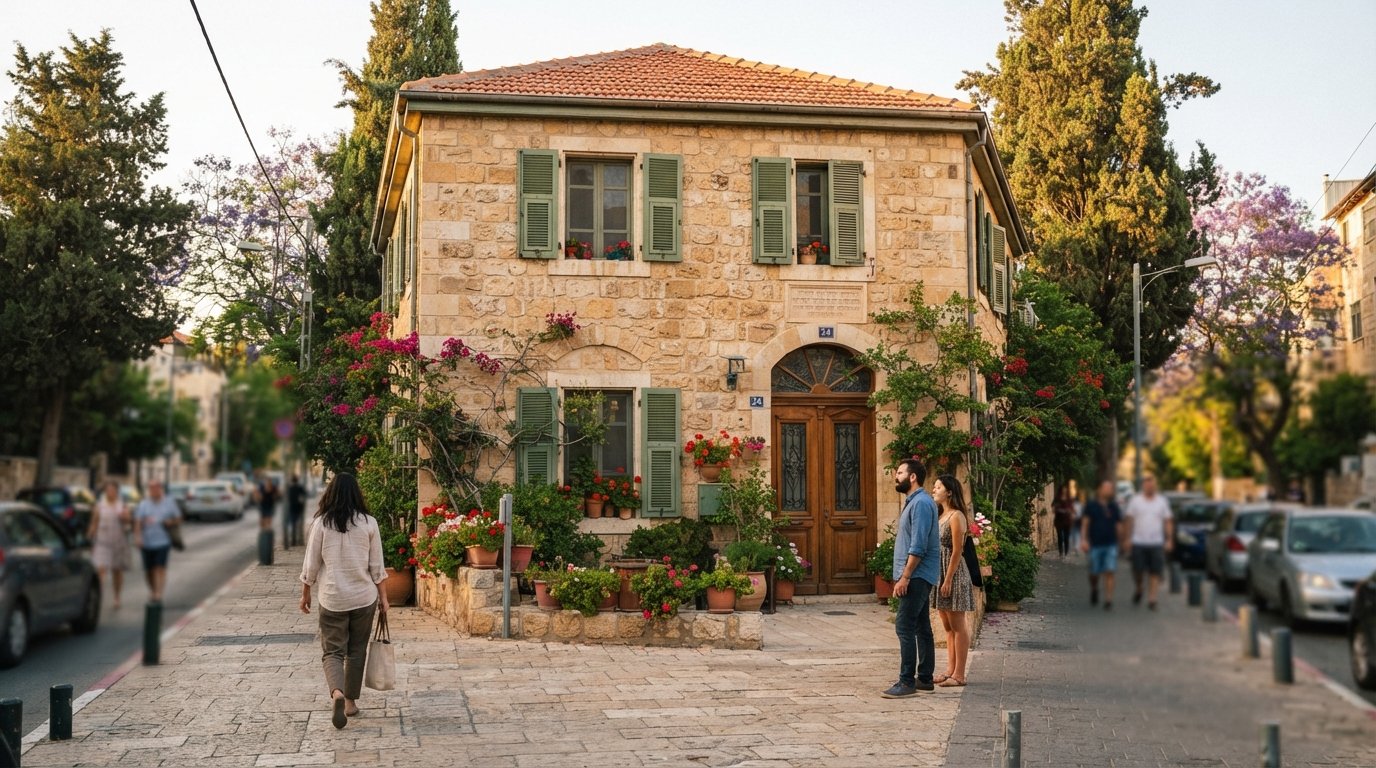 a restored Templer stone house on Emek Refaim in late afternoon, honey-coloured Jerusalem stone, tiled roof, shutters and a small inscription above the door