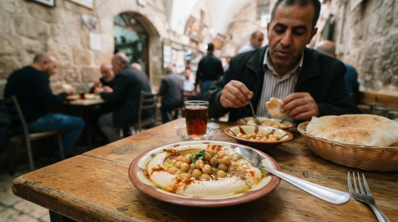um prato de húmus de grão-de-bico inteiro no Abu Shukri na Cidade Velha, húmus cremoso com grão-de-bico inteiro e uma vista de mesa quente e aproximada