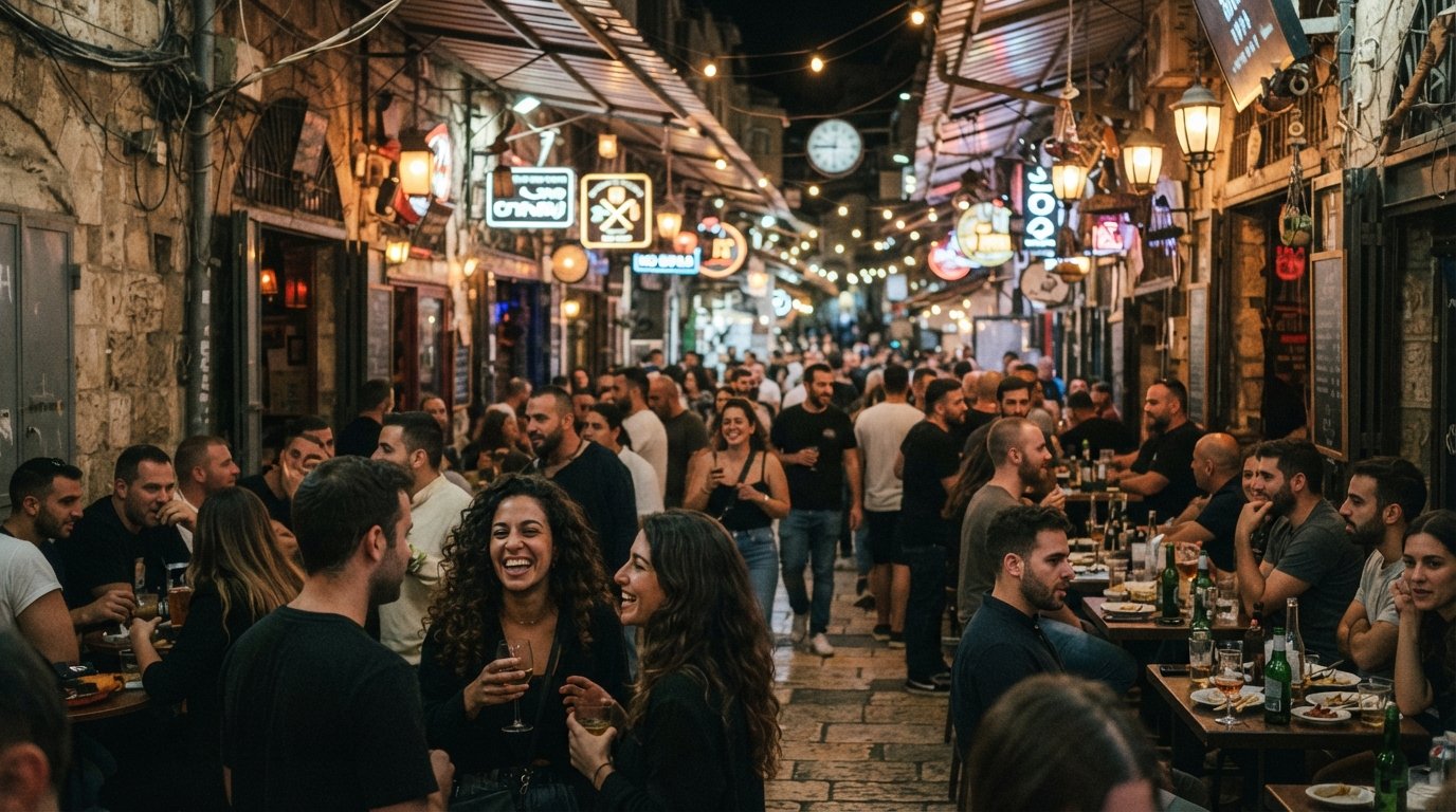 Mercado Mahane Yehuda à noite, becos cobertos brilhando com luzes de bar e pessoas a circular entre restaurantes noturnos depois de as bancas fecharem