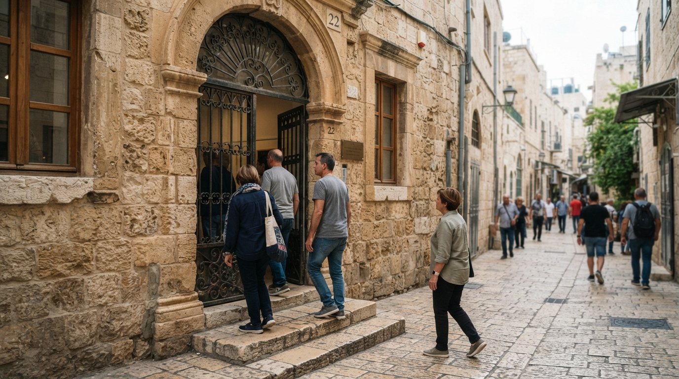entrada da Galeria de Arte de Musrara no n.º 22 da Rua Shivtei Israel, uma fachada de pedra preservada com visitantes a chegar para uma exposição diurna