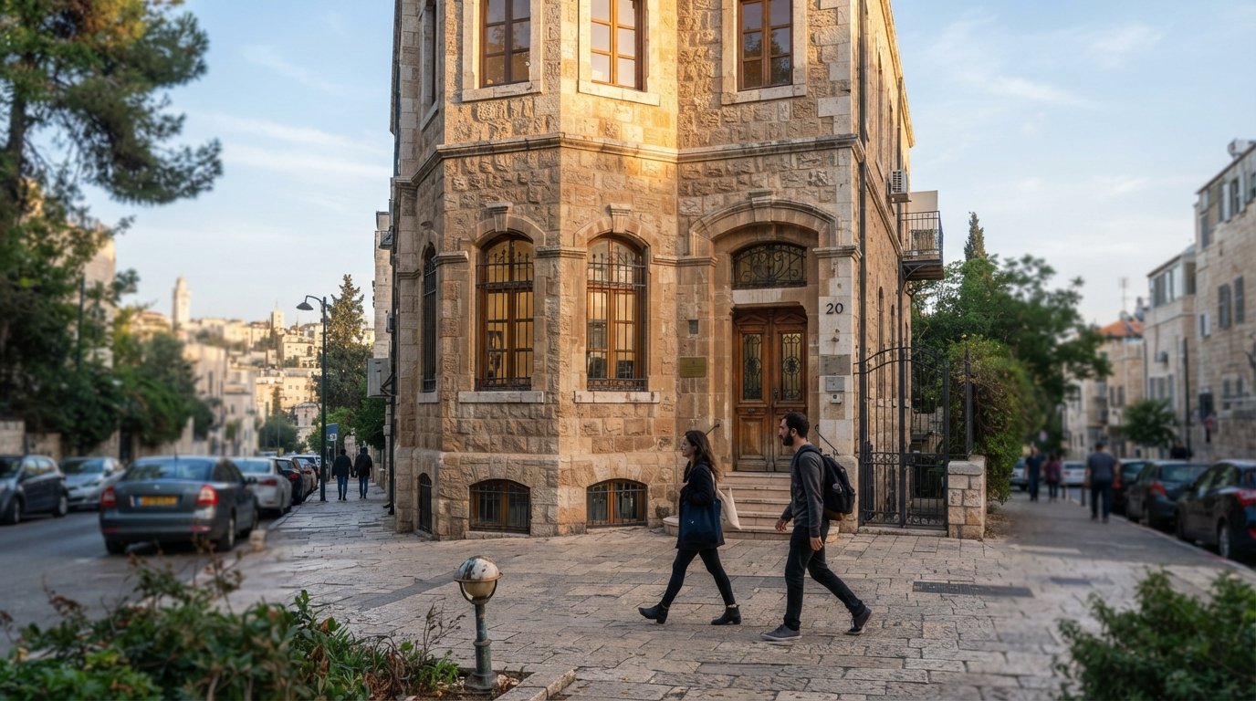 o edifício de pedra preservado da Ma'aleh School of Television, Film and the Arts no n.º 20 da Rua Shivtei Israel, visto do passeio à luz suave da manhã