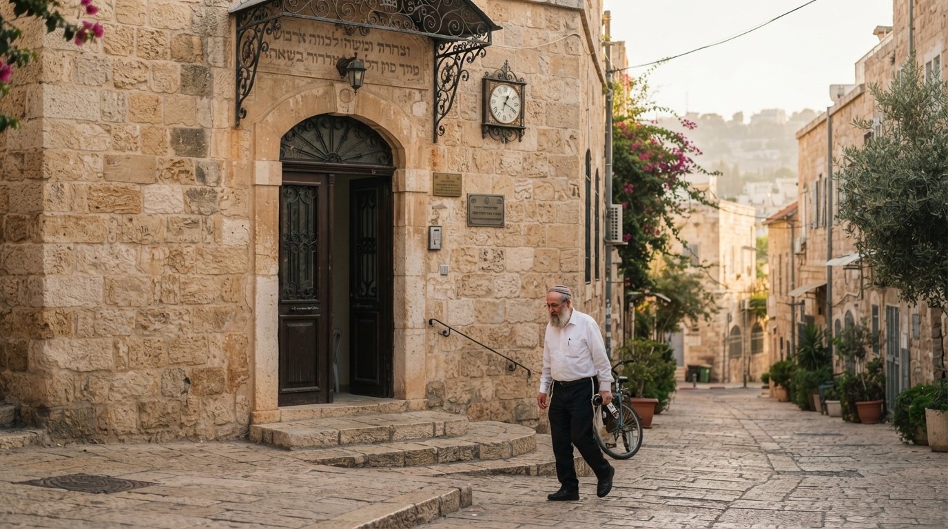 La Sinagoga Ades su Beer Sheva Street a Nachlaot, una modesta facciata in pietra e un portone nella luce morbida del mattino