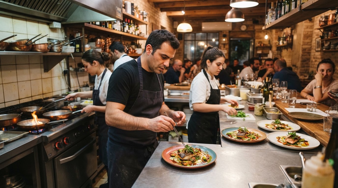 La sala da pranzo a cucina aperta di Machneyuda, chef al lavoro dietro il pass mentre i piatti si muovono nella calda luce serale