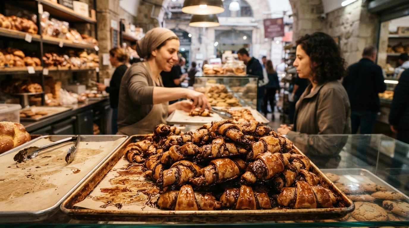 Caldi rugelach al cioccolato da Marzipan Bakery sul lato di Agrippas di Mahane Yehuda, paste impilate che luccicano dal forno