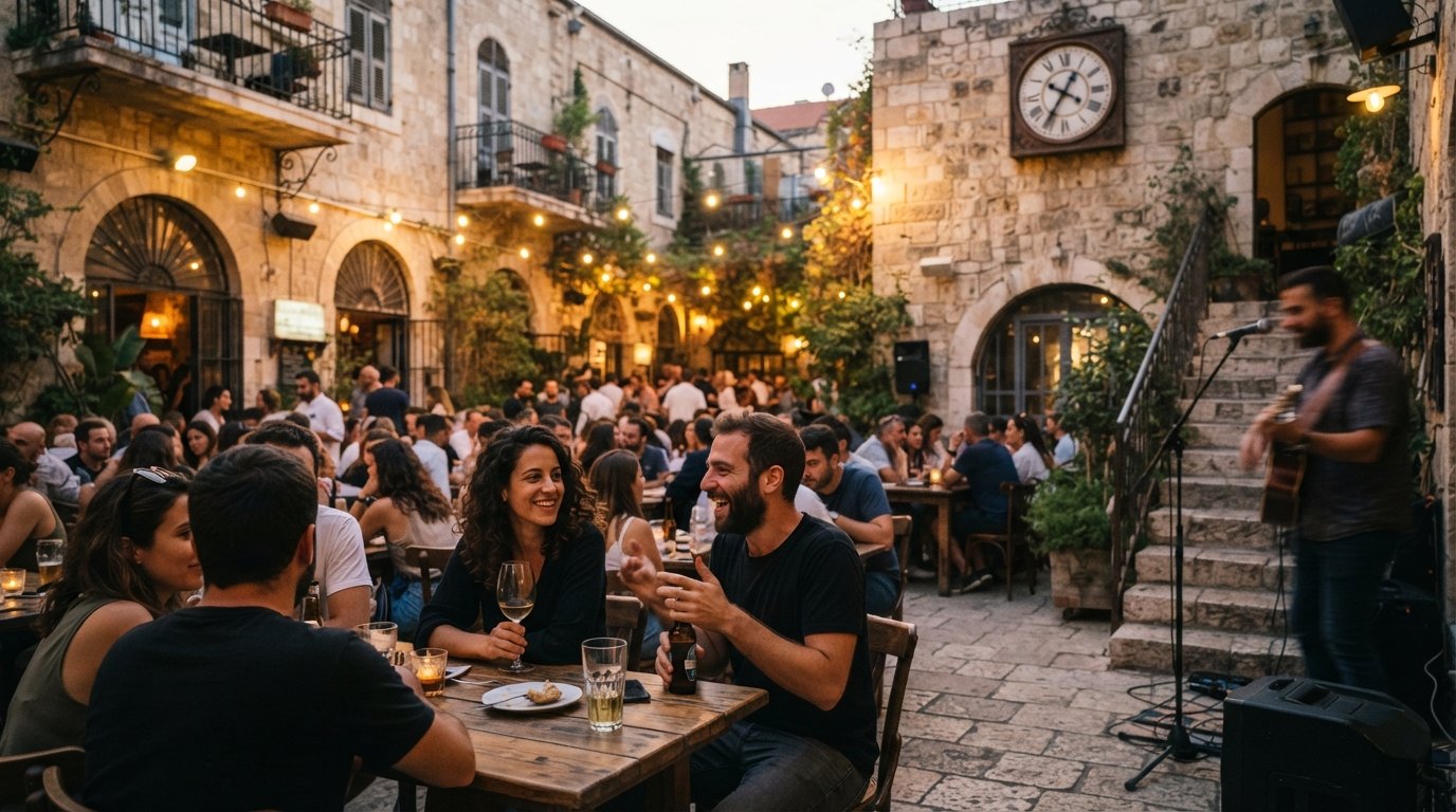 I posti a sedere in cortile del Casino de Paris in una ex sala del Mandato Britannico, drink serali e atmosfera di musica dal vivo