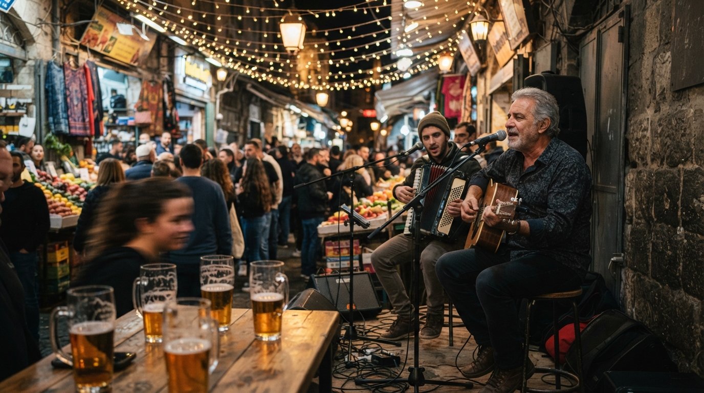 Freddy Lemon nello shuk di notte, musicisti suonano sotto luci a stringa mentre boccali di birra catturano il bagliore