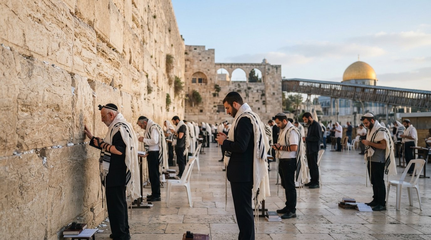 the Western Wall plaza at early morning, worshippers facing the limestone blocks beneath a clear Jerusalem sky