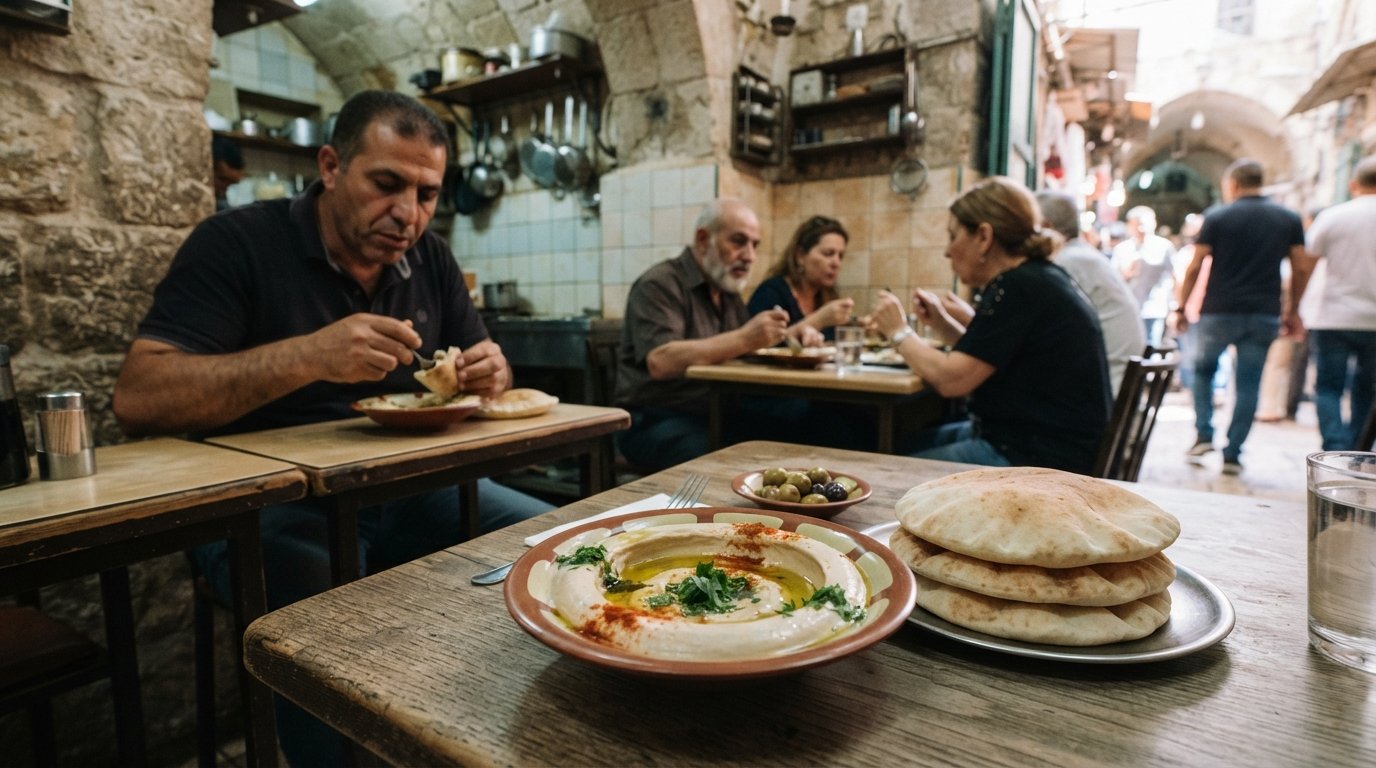 a bowl of Abu Shukri hummus on a simple table, glossy tahini swirls, olive oil and warm pita in the Muslim Quarter