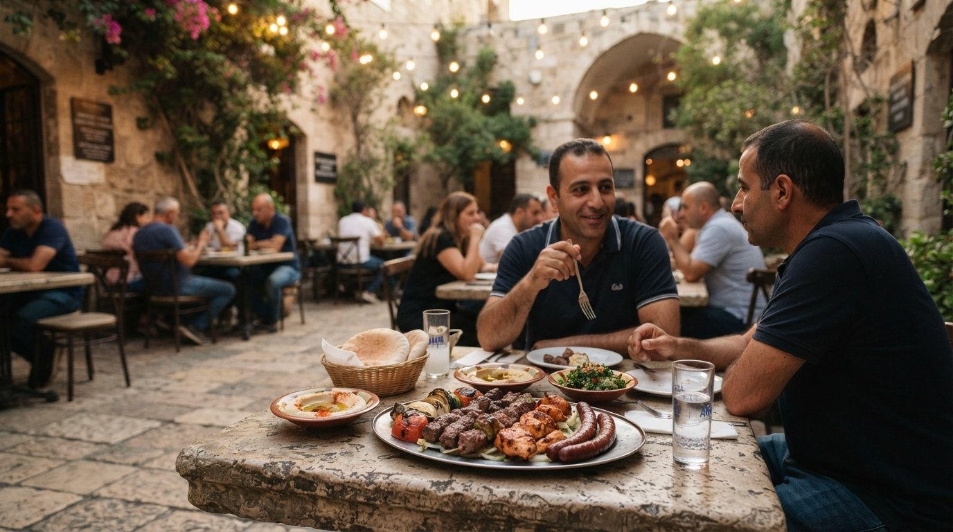 the garden courtyard at Nafoura just inside Jaffa Gate, evening light on stone tables and a mixed grill plate