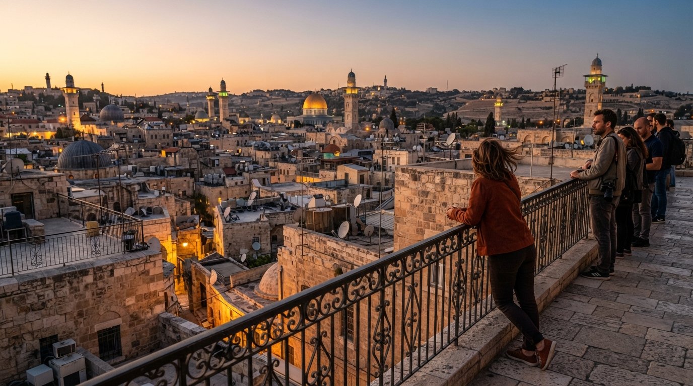 sunset from the Austrian Hospice rooftop terrace over the Muslim Quarter, minarets and stone rooftops glowing gold