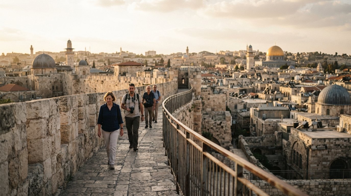 walkers on the Ramparts Walk atop the Ottoman walls, late-afternoon light over the Old City rooftops