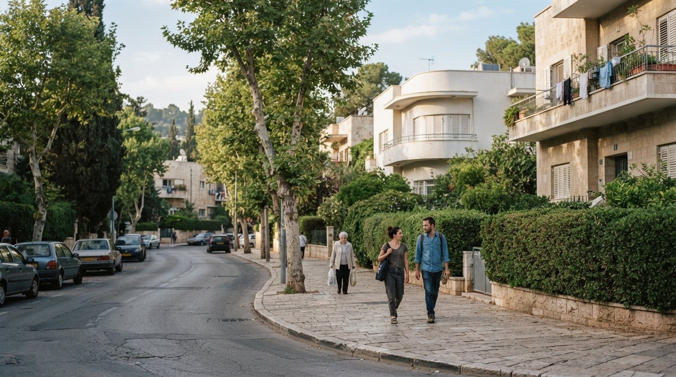 leafy Rehavia street with curved pavement, Bauhaus apartment blocks and clipped hedges in soft morning light
