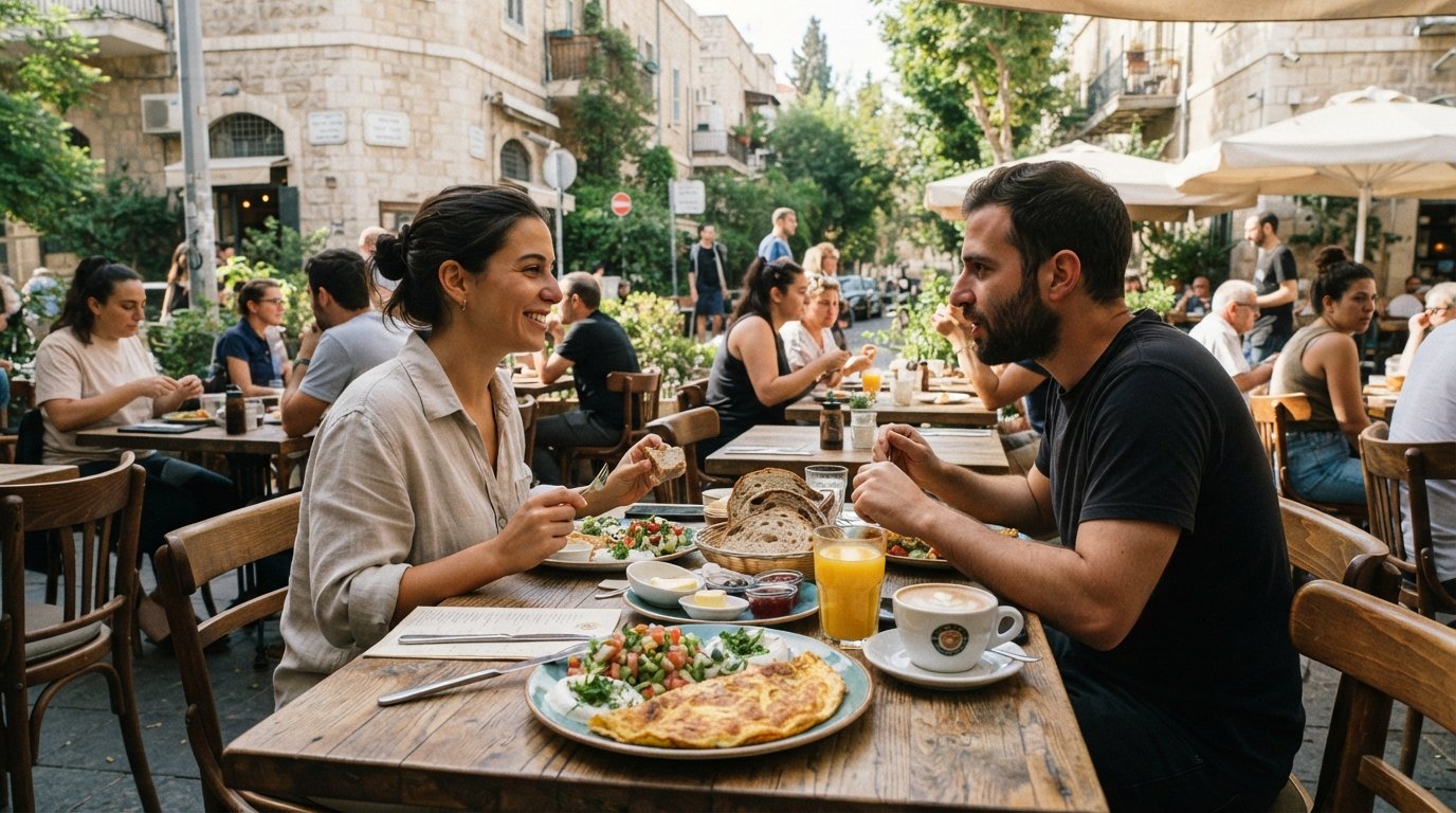 Cafe Landwer breakfast table on the Ben-Maimon corner, coffee, breads and omelette plates on a sunlit terrace