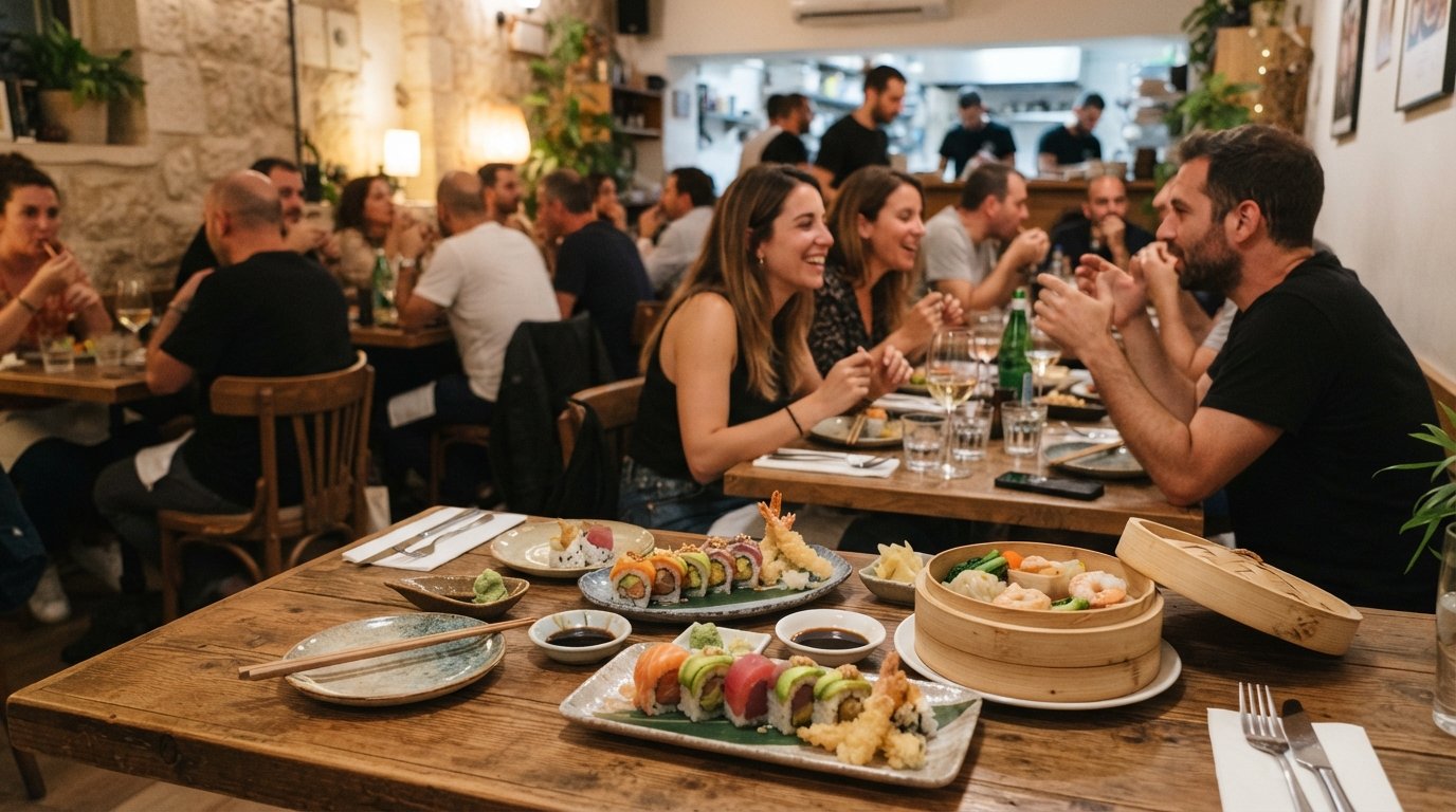 sushi rolls and dim sum plates at Sushi Rehavia, the lively dining room at 31 Gaza Road with evening buzz