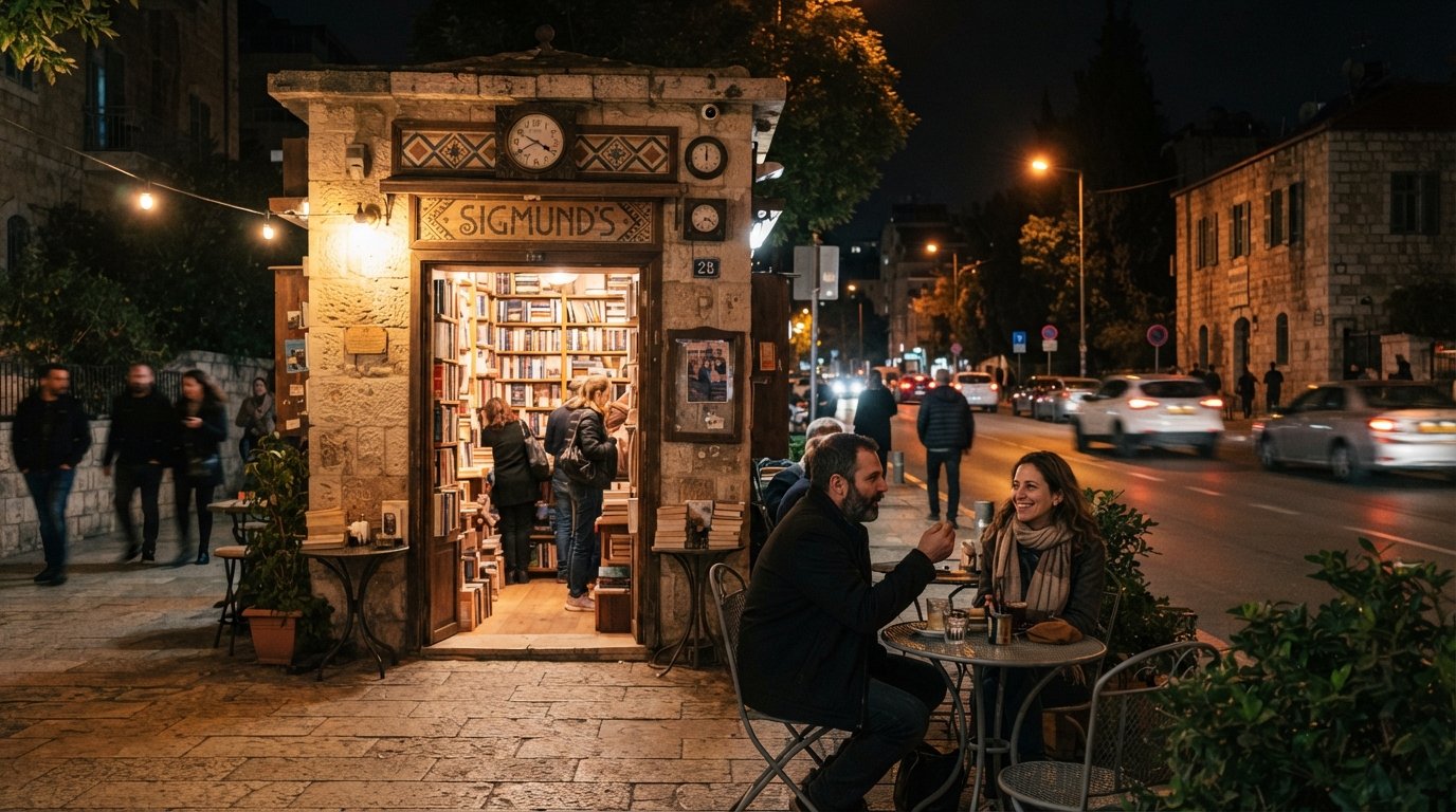Sigmund’s converted kiosk on Azza Road at night, bookshelf visible inside and small tables glowing under streetlights