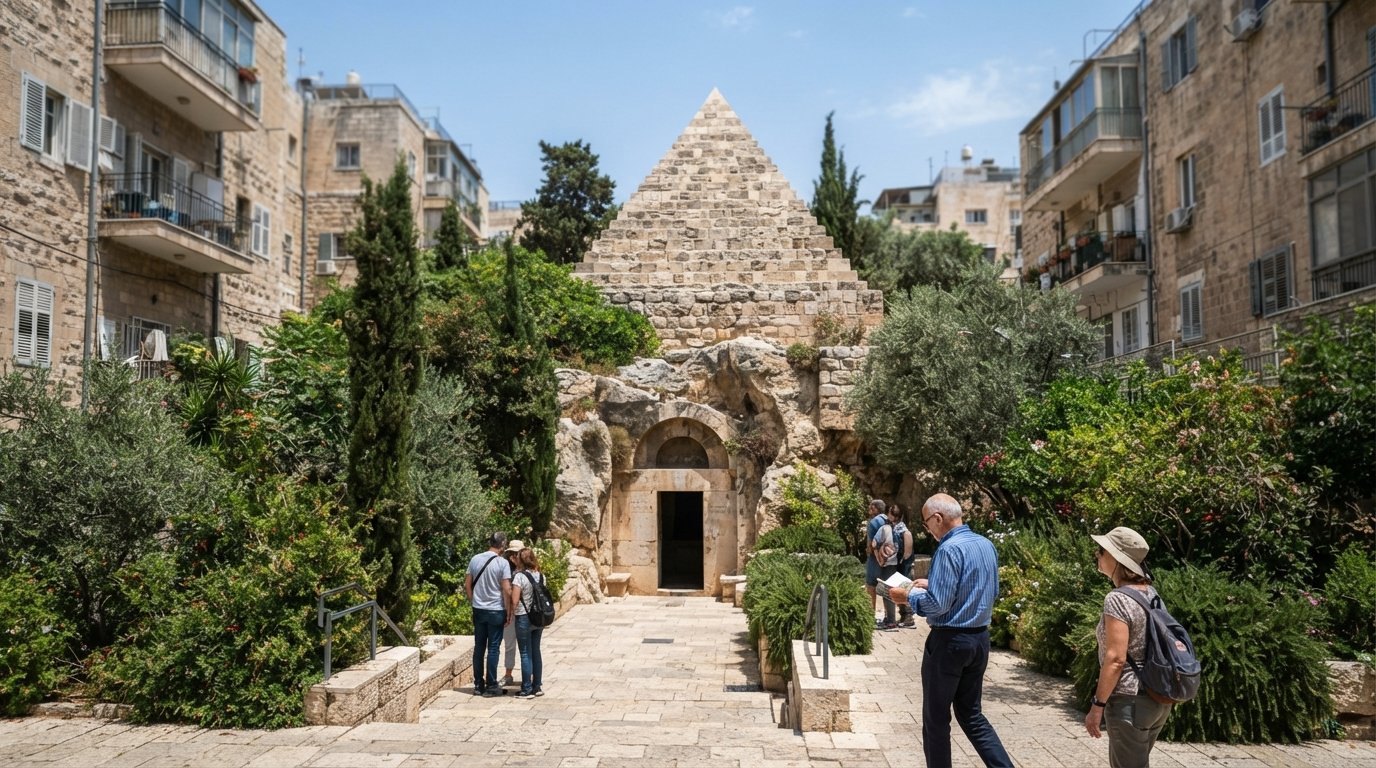 Jason’s Tomb garden on Alfasi Street, the restored pyramid roof and rock-cut entrance framed by residential buildings