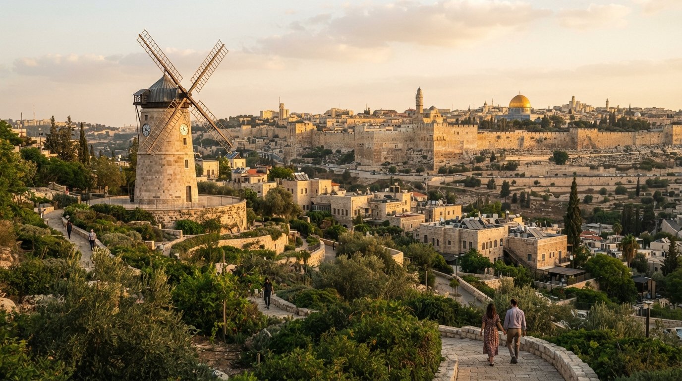 the Montefiore Windmill stone tower above Yemin Moshe at golden hour, with the Old City walls and Tower of David across the Hinnom Valley