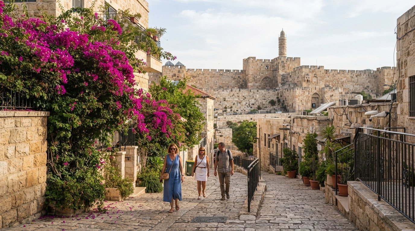 bougainvillea spilling over a restored stone terrace in Yemin Moshe, with narrow car-free cobbles and the Old City walls beyond