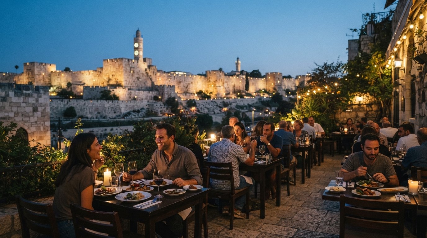the terrace at Touro on Nachon Street, set for dinner with the Tower of David and floodlit Old City walls across the valley