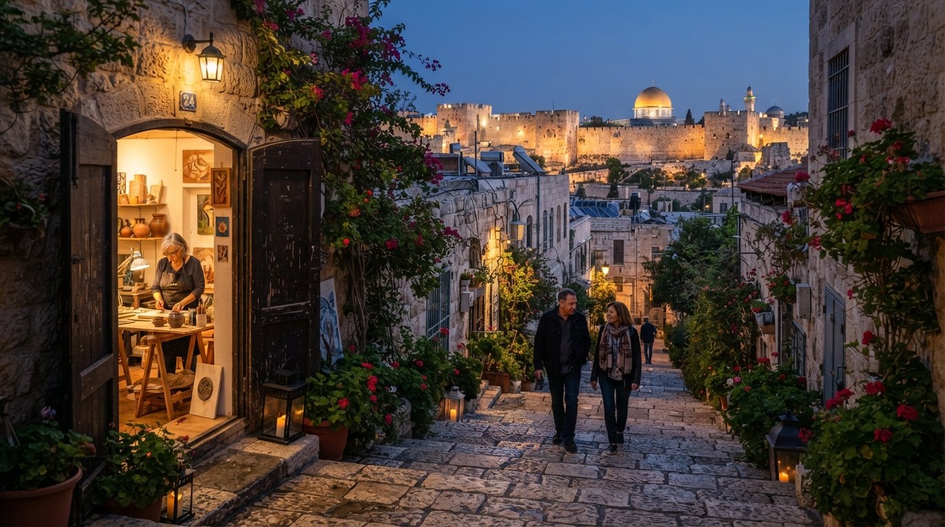 a stepped lane in Yemin Moshe at dusk, with artist studio doors open to the alley and the Old City walls glowing beyond